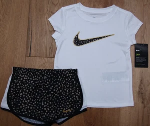 Nike Girl T-Shirt & Shorts Set ~ White, Black & Gold ~ DRI-FIT ~ - Picture 1 of 3
