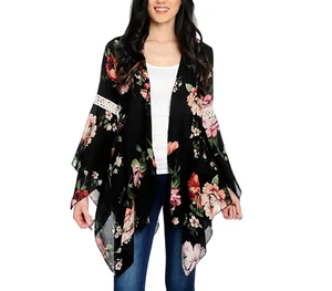 Kate&Mallory Floral Print Woven 3/4 Bell Sleeve 4 Point Hem Open Front Cardigan - Picture 1 of 8
