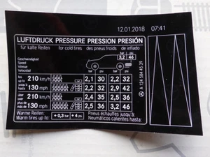 W124 Mercedes Sticker "Tire Pressure" Tank Hatch Sedan 4matic NEW! - Picture 1 of 1