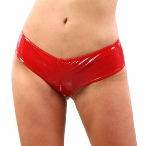 Ladies Latex-Look Panty with Zipper Hotpants Shorts Red #UW344 - Picture 1 of 21