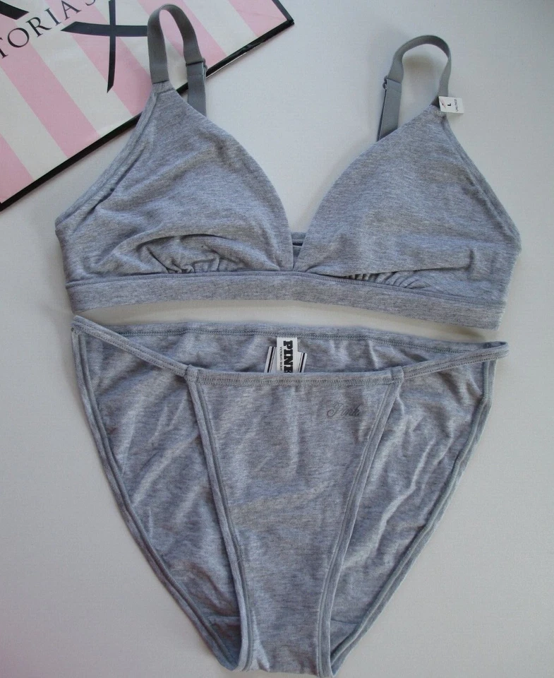 VICTORIA'S SECRET PINK Cotton Bralette Bra and Panty Set Size L Gray Wireless VS - Image 1 of 4