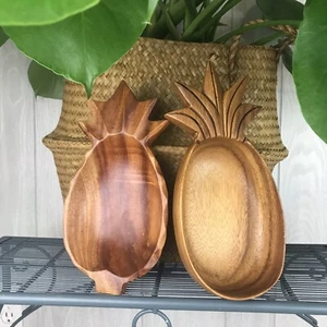 Vintage Set Of Two Pineapple Monkey Pod Bowl Dish Hand Carved Wood MCM - Picture 1 of 12