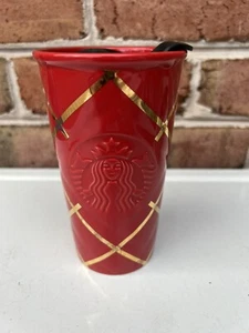 Starbucks Red Gold Striped Ceramic Coffee Tumbler Travel Quilted 10oz - Bild 1 von 12