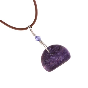 Unisex Purple Charoite Wirewrap Necklace AA Quality Leather Cord Healing Crystal - Picture 1 of 2