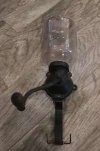Antique Purplish Glass & Cast Iron Wall Mount Coffee Grinder Wood Handle Works! - Picture 1 of 9