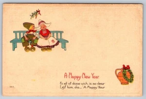 A Happy New Year, Dutch Children, Mistletoe, Wreath, 1914 Bergman Postcard - Imagen 1 de 2