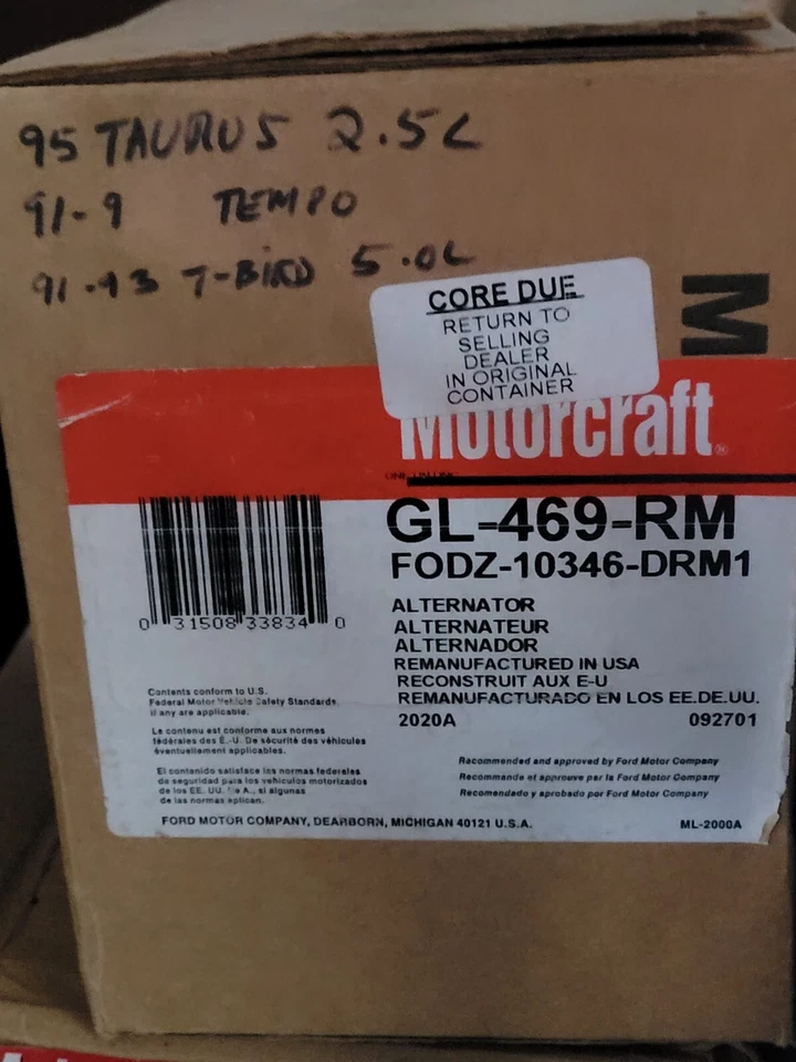 Genuine Ford OEM Motorcraft Reman Alternator, GL-469-RM, FODZ-10346-DRM1, Tempo - Image 1 of 1