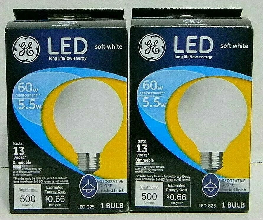 GE 25967 Frosted Finish Light  Dimmable LED G25 Decorative Globe 5.5W  2pc--v9 - Image 1 of 1