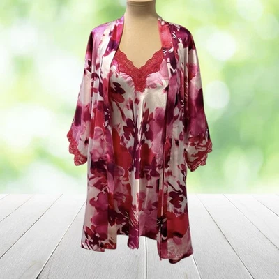 Sexy conjunto de bata camisón LINEA DONATELLA talla XL rosa rojo floral satinado encaje quimise Foto 1 de 4