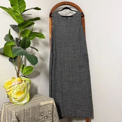 Vintage Eileen Fisher MEDIUM Black Linen Blend Tank Midi Maxi Dress USA Made - Image 1 of 4