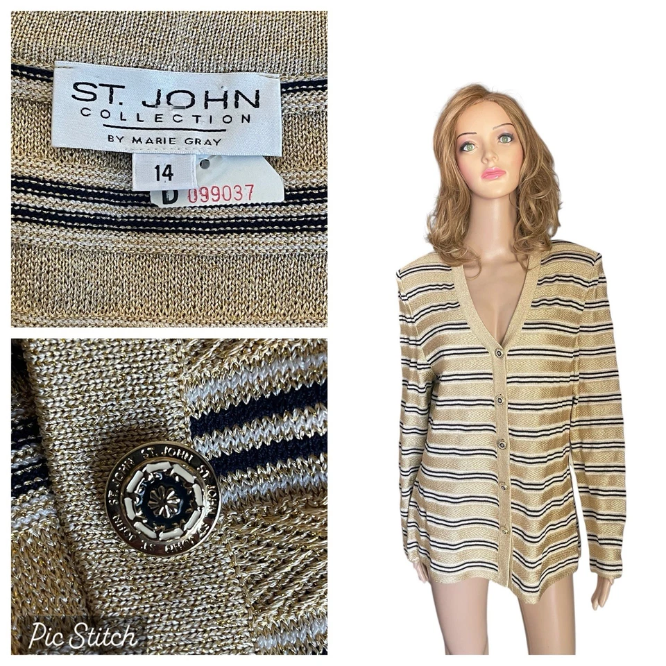 Nueva CHAQUETA ST JOHN COLLECTION DE PUNTO ELEGANTE METÁLICA DORADA, BLANCA Y AZUL MARINO TALLA 14 Foto 1 de 4
