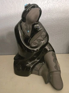 Vintage Lawrence Vargas Martha Mother & Child Blackware Ceramic Turquoise NM - Foto 1 di 11