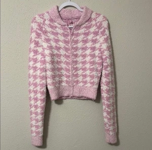 Pata de gallo tejida con cremallera para mujer rosa talla pequeña preppy decoración romántica de pesca - Imagen 1 de 4