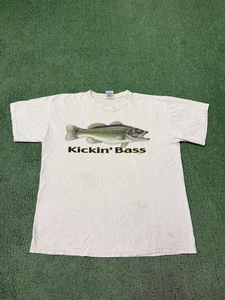 Vintage Y2K Kickin’ Bass Fishing Graphic T-Shirt Size Large White Nature MARKED - Picture 1 of 19