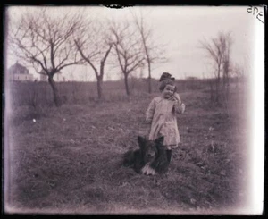 ONE EARLY 1900s ANTIQUE GLASS NEGATIVE, NEWPORT, ME, "GIRL WITH DOG" #2 - Picture 1 of 2