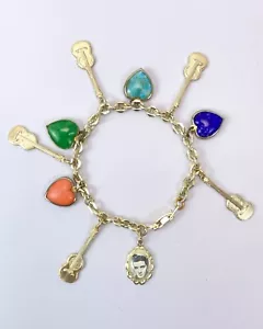 Vintage Elvis Charm Bracelet 1950s Lapis Lazuli, Turqoise, Jade, Coral Hearts - Picture 1 of 5