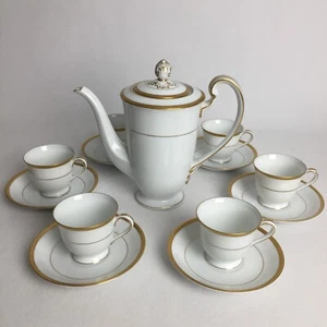 Noritake Gwendolyn Japan Tea Pot Set 6 Cup & Saucers Gold White 5083 RARE Teapot - Picture 1 of 24