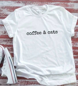 Coffee and Cats, Unisex White Short Sleeve T-shirt - Picture 1 of 2