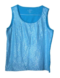 CHICO'S TANK TOP Damen Gr. 2/M aquablau weiß Pailletten ärmellos 100% Baumwolle - Bild 1 von 4