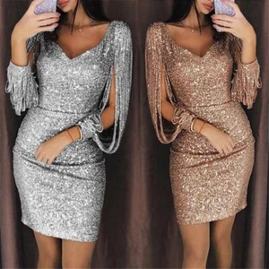 Bodycon Dresses Sequins Slim Dress Ladies Sexy Tassels Dress Midi Party Dress - Picture 1 of 14