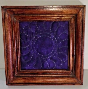 Small Hand Quilted Feathered Wreath Purple Fabric Batik in a Wood Frame - Picture 1 of 3