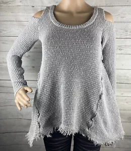 Kaisely Cold Shoulder Pullover XS grau Waffelmuster U-Ausschnitt Fransen BOHO schick - Bild 1 von 12
