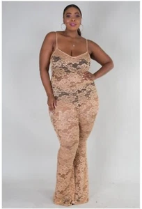 Plus Size Full Sheer Lace Spaghetti Strap Flare Leg Jumpsuit Romper 1X 2X 3X - Picture 1 of 9