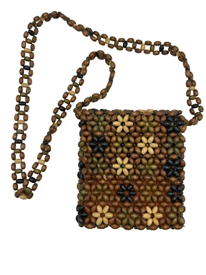 Wood Beaded Hand Bag Purse Flowers 24" Strap Zipper Closure Inside Pocket Boho - Image 1 of 4