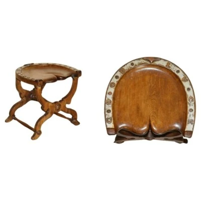 SUBLIME ANTIQUE VICTORIAN HAND CARVED ENGLISH OAK "GOOD LUCK" HORSE SHOE STOOL - Image 1 of 4