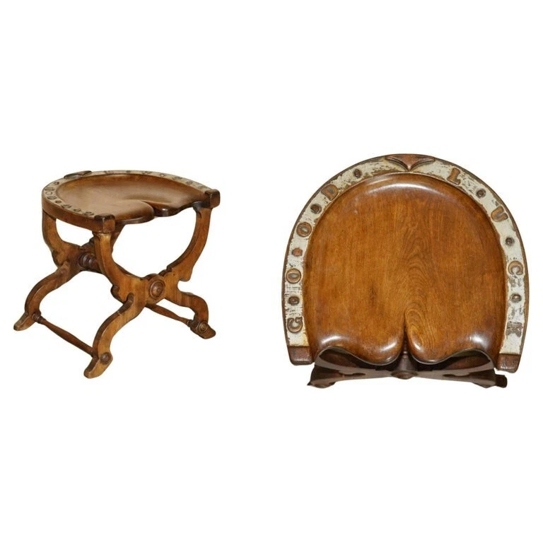 SUBLIME ANTIQUE VICTORIAN HAND CARVED ENGLISH OAK "GOOD LUCK" HORSE SHOE STOOL - Image 1 of 4