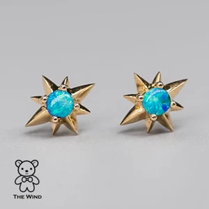 Beautiful Starry Design Australian Solid Opal Stud Earrings 18K Yellow Gold - Picture 1 of 11