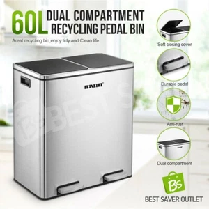 Dual Compartment Pedal Rubbish Bin Stainless Steel Garbage Waste Trash Can 60L - Picture 1 of 12
