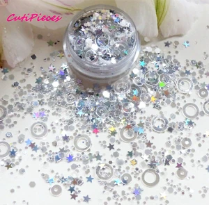 Nail Art Glitter "Halo" Circle Star Hexagon Iridescent Silver Holographic 5mlTopf - Bild 1 von 3