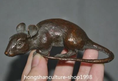 3.4'' old Chinese bronze 12 Zodiac Year wealth animal mouse Ret Feng Shui statue - Image 1 of 4