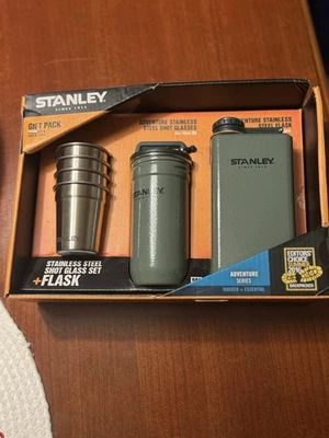 Stanley Adventure Stainless Steel Shot Glass + Flask Set Green 8oz RARE NOS - Image 1 of 4