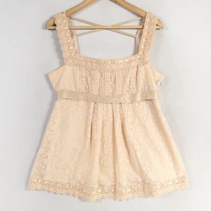 Bebe Tank Top Womens Medium Beige Circle Print Lace Trim Y2K Babydoll Romantic - Picture 1 of 11