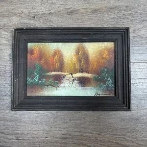 Original Kunst Mini Gemälde gerahmt Vintage signiert Vögel Bäume Natur Kunstwerk - Bild 1 von 7