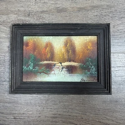 Mini pintura de arte original enmarcada de colección firmada pájaros árboles naturaleza obras de arte Foto 1 de 4