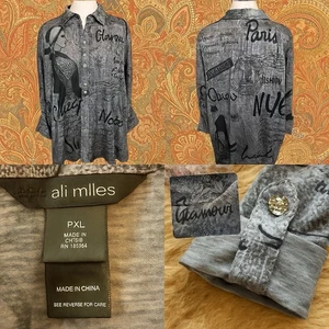 Ali Miles PXL Tunic Top Artsy Travel Print Button Front Roll Tab Sleeve - Picture 1 of 15