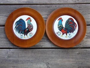 Vintage Berggren Shelton Rooster Ceramic Wood Wall Plaques Pair - Picture 1 of 9