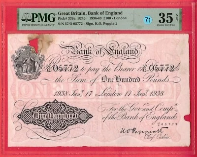 Great Britain 1934 White 100 Pounds London Pick-339a  PMG 35 NET LT 71 - Image 1 of 2