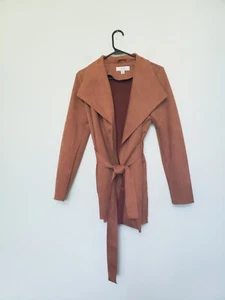 Magaschoni Women XS Faux Suede Leather Coat Jacket Brown Open Front Belt Luxury - Picture 1 of 6