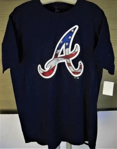ATLANTA BRAVES UNISEX ADULT LARGE ( L ) BLUE TEE-SHIRT WITH PATRIOTIC LOGO A - Picture 1 of 2