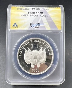 1968 Niger 10 Francs Silver Tiger Coin ANACS PF68 DCAM 1k Low Mintage - Picture 1 of 10