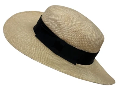 Miss Bierner Wide Brimmed Straw Natural Hat Wide Band Size Medium 22" IC - Image 1 of 4