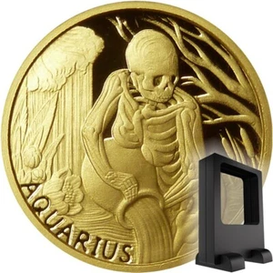 #56 Gold 1/10 oz AQUARIUS ZODIAC MEMENTO MORI 2015 Skull .9999 gold 16.5mm 3.11g - Picture 1 of 5