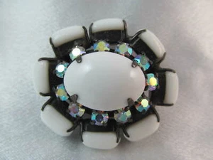 Vintage OXIDIZED SILVER with WHITE & AURORA BOREALIS STONES OVAL BROOCH PIN - Picture 1 of 5