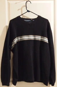 Shirt, pull over, long sleeve, blue, with gray, white, & blue stripes - Picture 1 of 2