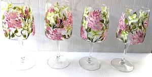 Hand Painted Pink Hydrangea Wine Water Block Shaped Stemmed Glasses Set of 4 - Picture 1 of 4