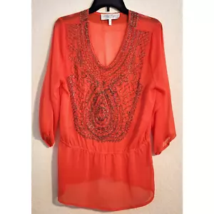 TOP-COLLEEN LOPEZ-Tangerine Orange-Gold Gray Beading-Tuck In-Short-Sheer-Size M - Picture 1 of 15